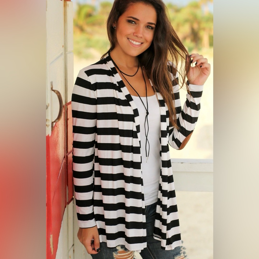 Ladies stripped patch elbow open cardigan sweater
